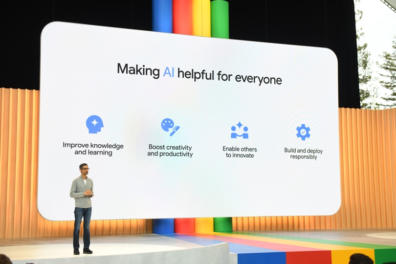 Sundar Pichai, director ejecutivo de Google y Alphabet, mientras interviene durante el evento anual de desarrolladores, Google IO 2023. EFE