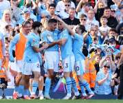 Los jugadores del Manchester City celebran el gol de Rodri, el 3-1. /Foto: EFE