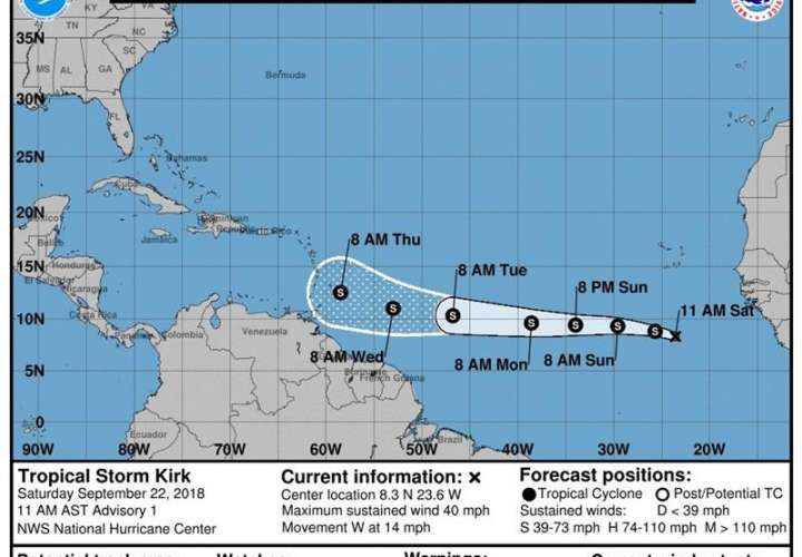 pronóstico de tres días de la tormenta tropical Kirk, durante su avance hacia el oeste en el Atlántico desde las costas de África. EFE/NHC