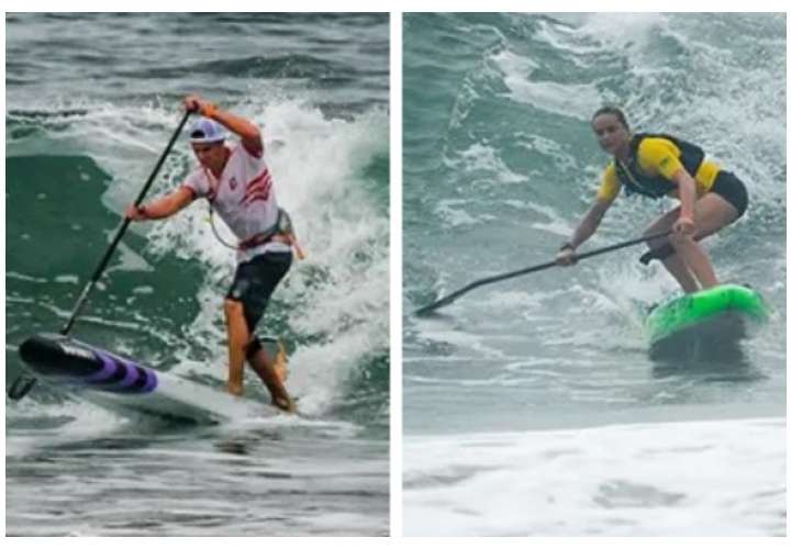 El peruano Itzel Delgado (izq.) y la brasileña Lena Guimaraes ganaron los títulos de la categoría de Carreras SUP. Fotos: Asociación Panamericana de Surf