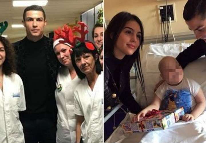 Cristiano Ronaldo y su novia durante la actividad en el hospital. 