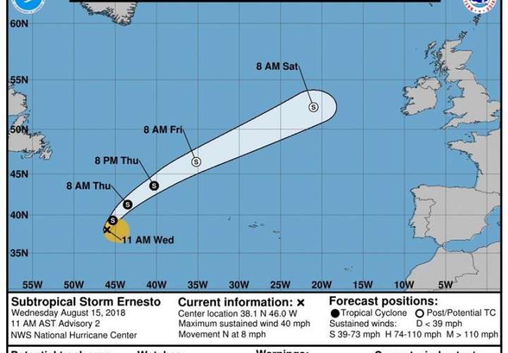 Gráfico del Centro Nacional de Huracanes estadounidense con sede en la Florida donde se muestra la trayectoria de 3 días de la depresión subtropical Ernesto, que se encuentra a 1.105 millas al oeste de las Azores. EFE/ Cortesía NHC-NOAA