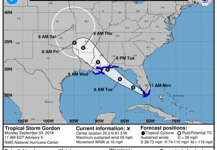 Pronóstico de cinco días del paso de la tormenta tropical Gordon por el Golfo de México. EFE