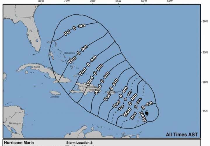 Representación artística que muestra la posible trayectoria de la tormeta tropical María en el Océano Atlántico, hoy 18 de septiembre de 2017. EFE/Centro Nacional de Huracanes.  /  Foto: EFE