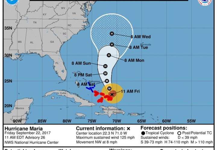 Gráfico cedido por el Centro Nacional de Huracanes de Miami (NHC) que muestra la trayectoria de tres días del huracán María a su paso por el Atlántico. EFE