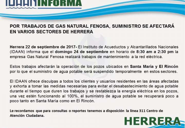 Varios sectores de Herrera estarán sin agua, mañana