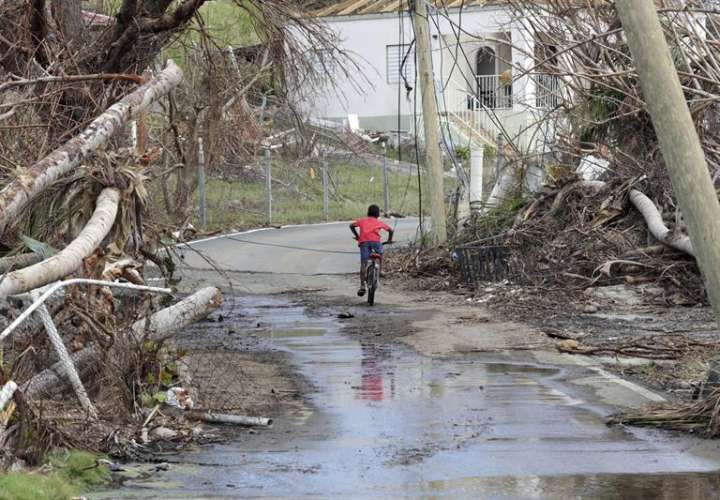 Un niño con su bicicleta por una calle de de East End, en Tortola, tras el paso del huracán Irma y el huracán María en las Islas Vírgenes Británicas . EFE