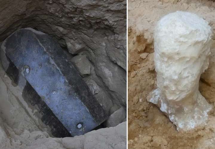 Fotografía sin fechar cedida por el Ministerio Egipcio de Antigüedades que muestra una cabeza esculpida en alabastro hallada junto a un sarcófago de granito negro en un sitio arqueológico en Alejandría (Egipto). EFE