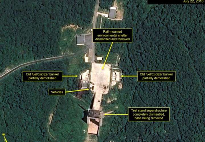 Foto de satélite, cedida por Airbus Defence and Space y 38 North., de las instalaciones presuntamente desmanteladas en la Estación de Lanzamiento de Satélites Sohae, en la Provincia de Pyongan Norte, Corea del Norte