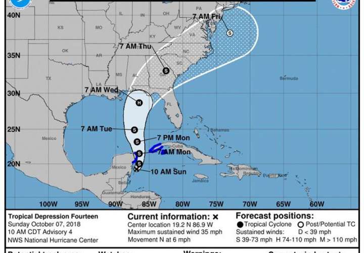 Imagen cedida este domingo por el Centro Nacional de Huracanes (NHC) en la que se muestra el pronóstico de cinco días del trayecto del huracán Michael por el Golfo de México. EFE