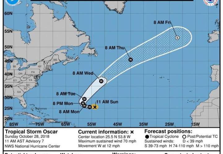 Gráfico cedido hoy, domingo 28 de octubre de 2018, por el Centro Nacional de Huracanes (NHC), donde se muestra la trayectoria de la tormenta tropical Óscar. EFE/CNH-NOAA