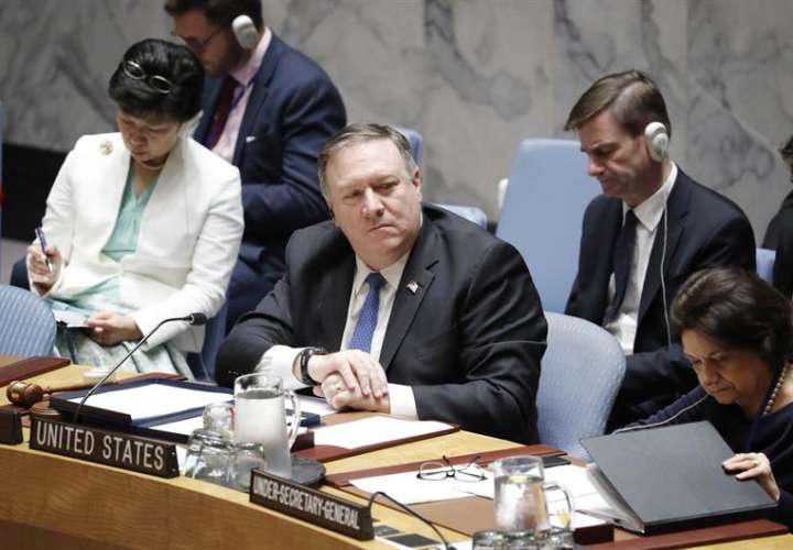 El secretario de Estado estadounidense, Mike Pompeo, fue registrado este jueves al presidir una reunión del Consejo de Seguridad de la ONU, en la sede del organismo en Nueva York (EE.UU.). EFE