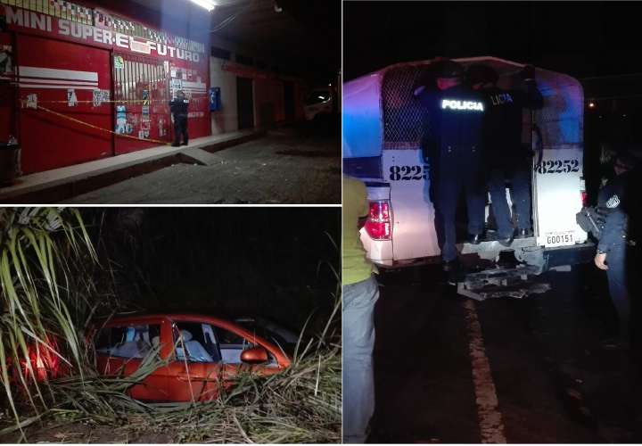 En la imagen la aprehensión de los asaltantes, vehículo accidentado en que éstos viajaban y local comercial asaltado en Arraiján. Fotos: Eric Montenegro