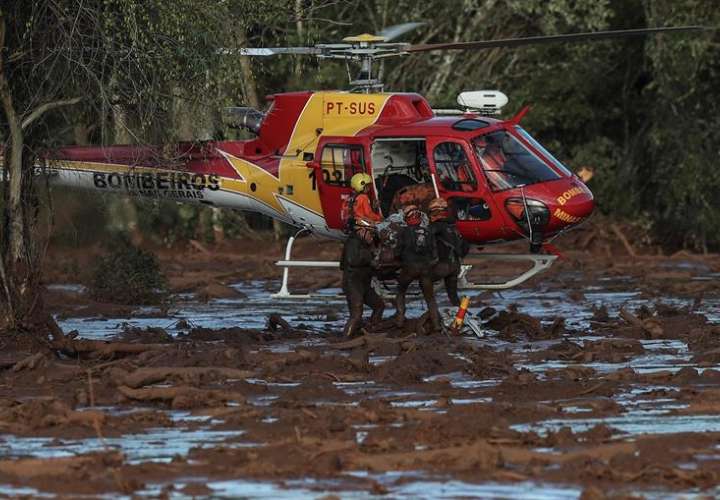 Bomberos sacan un cuerpo este domingo durante las labores de búsqueda y rescate de las víctimas de la rotura de represa de la compañía Vale, en Brumadinho, municipio de Minas Gerais (Brasil). EFE
