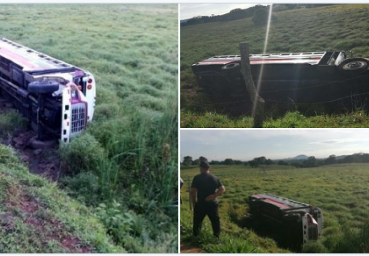 Autobús quedó de ladito en un herbazal tras vuelco en La Valdeza