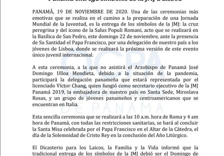 Panamá entregará mañana  a Portugal símbolos de la JMJ