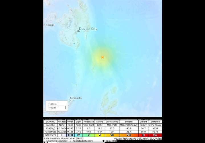 El temblor fue localizado a 95 kilómetros de profundidad y a 210 kilómetros al sureste de Pondaguitan. EFE
