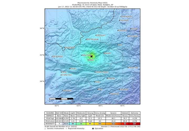 Mapa muestra la ubicación de un terremoto de magnitud 5,3 que golpeó cerca de Qala i Naw, Afganistán. EFE