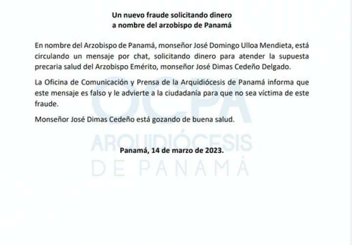 Fraude: Piden dinero a nombre de monseñor José Domingo Ulloa