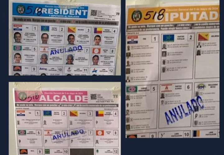 Jurados de mesa del partido Realizando Metas denuncian que en San Miguelito están colocando en las paredes de un colegio estas papeletas donde indican como anulado los partidos del candidato José Raúl Mulino.