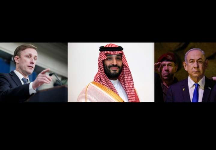 Combo de fotografías de archivo que muestra al asesor de Seguridad Nacional de la Casa Blanca, Jake Sullivan (i); al príncipe heredero de Arabia Saudí, Mohamed bin Salmán (c), y al primer ministro de Israel, Benjamín Netanyahu. EFE