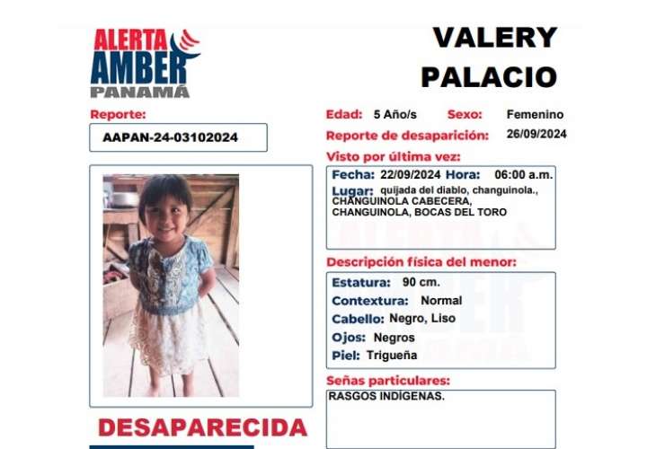 Activan Alerta Amber por niña desaparecida en Changuinola