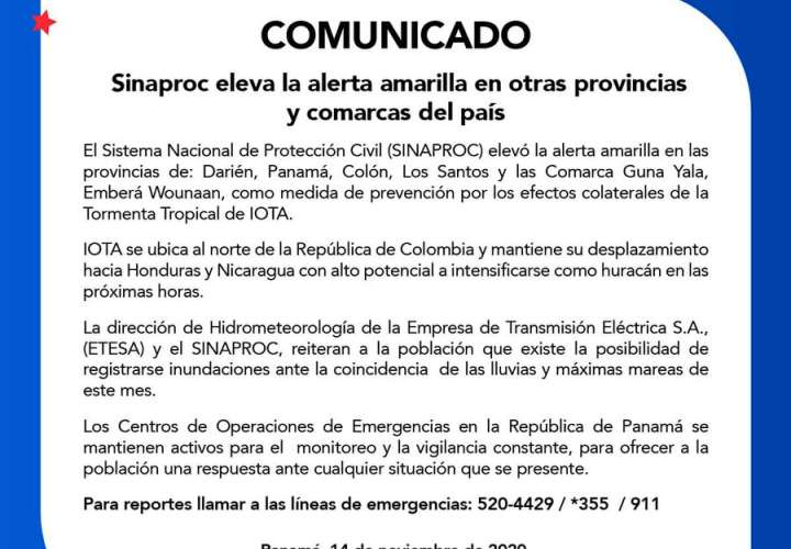 Panamá preparada para tormenta Iota, asegura Centro de Operaciones Nacional