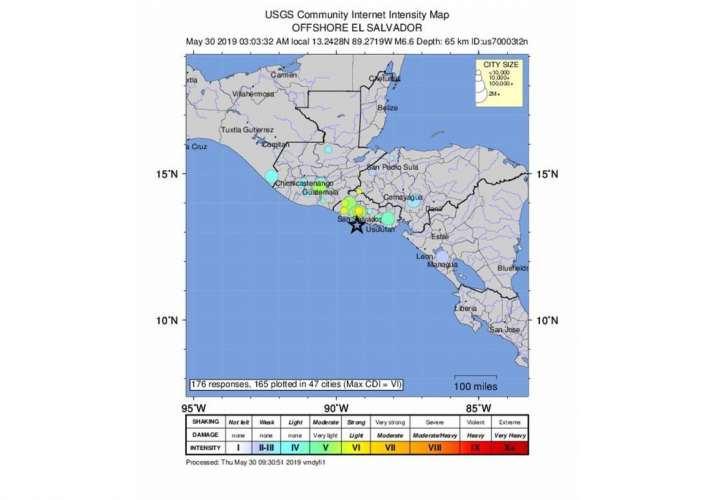 Mapa geológico de la localización del terremoto de magnitud 6,8 en la escala abierta de Richter que sacudió de madrugada este jueves El Salvador. EFE/Servicio Geológico de Estados Unidos (USGS). EFE