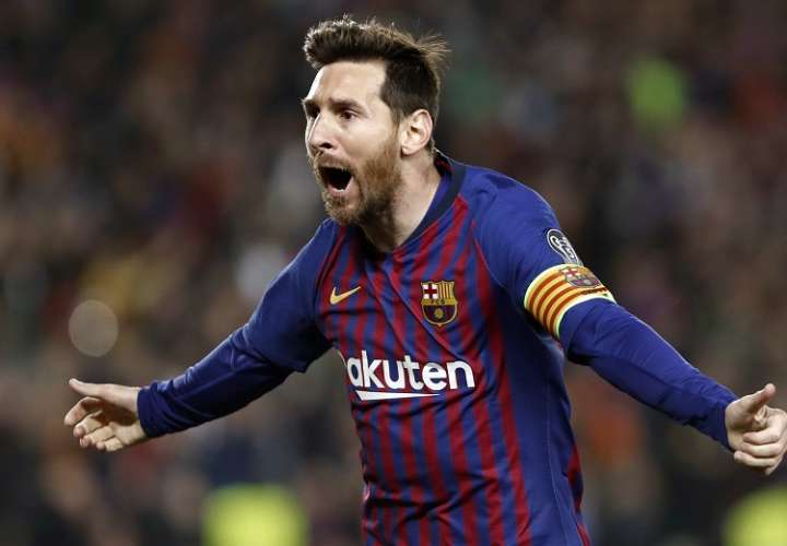 - El delantero argentino del Barcelona Leo Messi celebra el primer gol ante el Manchester United, durante el partido de vuelta de cuartos de final de la Liga de Campeones. Foto: AP