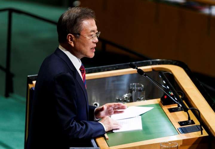 El presidente de Corea del Sur, Moon Jae-in, durante su intervención en la Asamblea General de la ONU, celebrada la semana pasada en Nueva York. EFE/Archivo