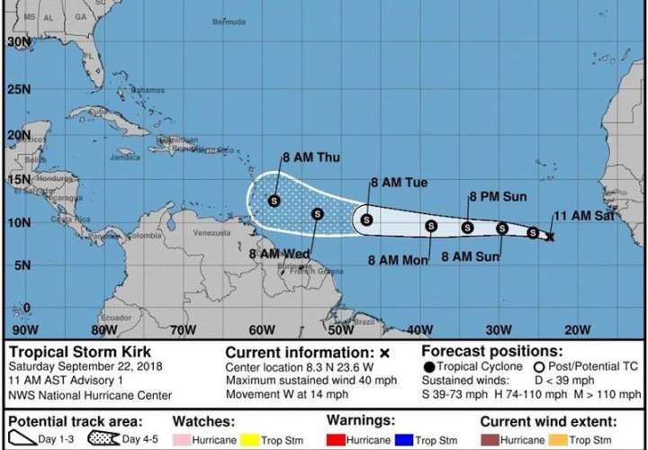 pronóstico de tres días de la tormenta tropical Kirk, durante su avance hacia el oeste en el Atlántico desde las costas de África. EFE