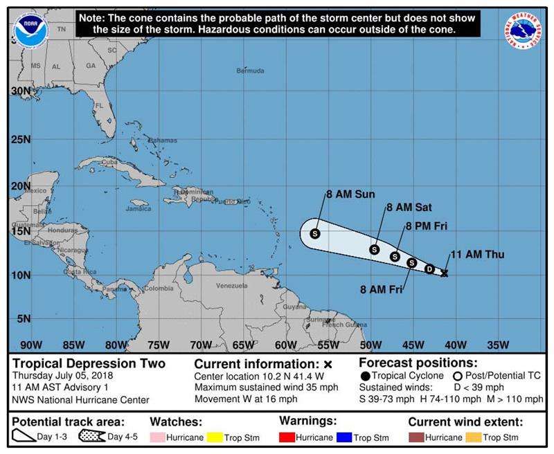 Imagen cedida por el Centro Nacional de Huaracanes (NHC) donde se observa los pronósticos de tres días de la trayectoria de la tormenta tropical Beryl. EFE/Archivo