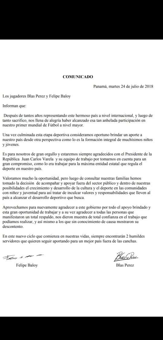 Comunicado de Blas Pérez y Felipe Baloy