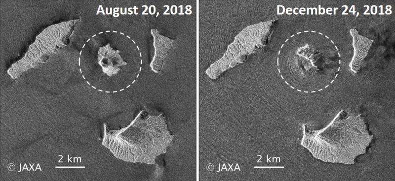Combo de imágenes cedido por la Agencia Aeroespacial de Japón (JAXA) el 27 de diciembre del 2018 que muestra con círculos el volcán Anak Krakatau, que significa &quot;hijo de Krakatoa&quot;. EFE