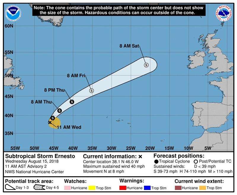 Gráfico del Centro Nacional de Huracanes estadounidense con sede en la Florida donde se muestra la trayectoria de 3 días de la depresión subtropical Ernesto, que se encuentra a 1.105 millas al oeste de las Azores. EFE/ Cortesía NHC-NOAA