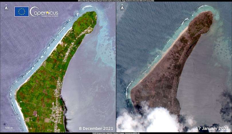 Las imágenes aéreas mostraban un paisaje lunar, donde la ceniza cubre todo el terreno e importantes daños en los edificios asentados en la isla de Tongatapu. EFE