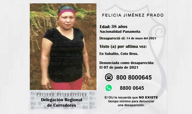En la imagen Felicia Jiménez Prado, desaprecida en Costa Rica.