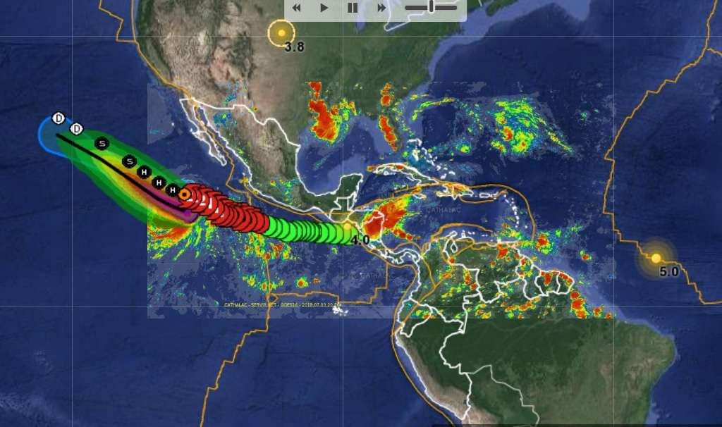 Vista general del modelo de desplazamiento del huracán Fabio. Imagen: servir.net 