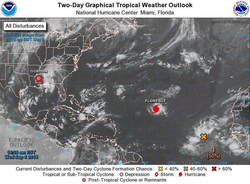 Imagen Centro Nacional de Huracanes, muestra el emplazamiento del huracán Florence por el Atlántico y la depresión tropical Gordon en la zona central de Misisipi (EE.UU.). EFE