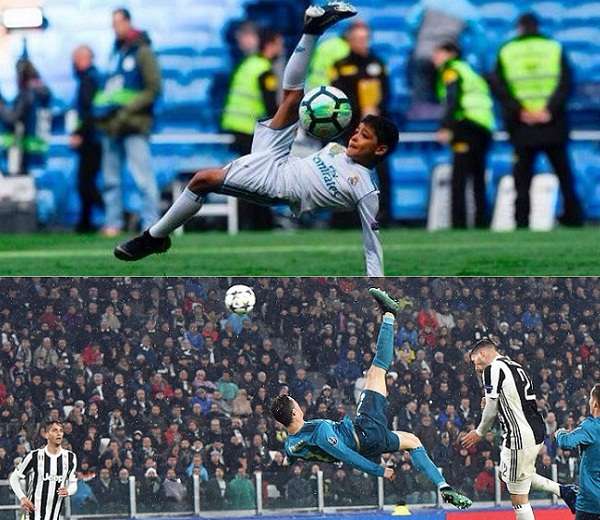 Momento en que el delantero del Real Madrid realiza el único gol que le faltaba en su carrera (abajo). Foto: EFE