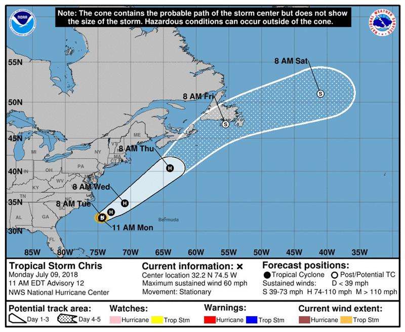 Gráfico cedido por el Centro Nacional de Huracanes (NHC) donde se observan los pronósticos para la tormenta tropical Chris en el Océano Atlántico hoy, lunes 9 de julio de 2018. EFENHC-NOAA