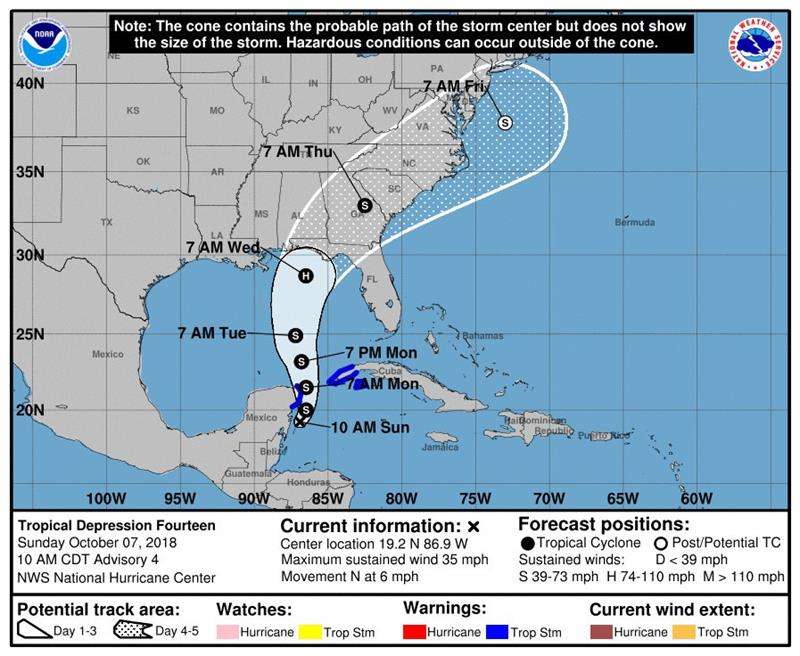 Imagen cedida este domingo por el Centro Nacional de Huracanes (NHC) en la que se muestra el pronóstico de cinco días del trayecto del huracán Michael por el Golfo de México. EFE