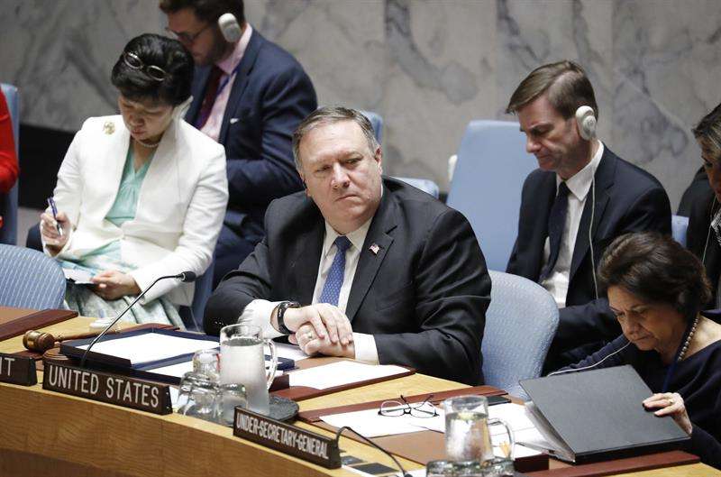 El secretario de Estado estadounidense, Mike Pompeo, fue registrado este jueves al presidir una reunión del Consejo de Seguridad de la ONU, en la sede del organismo en Nueva York (EE.UU.). EFE