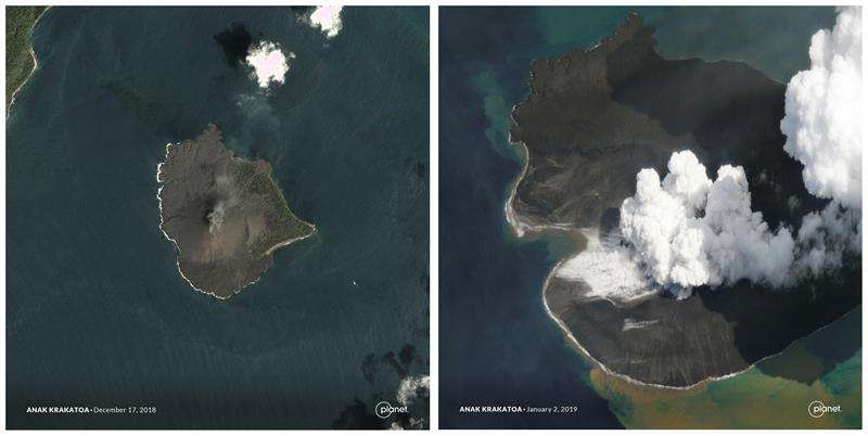 vistas aéreas tomadas el 17 de diciembre (i) y el 30 de diciembre, del derrumbe de la parte occidental del volcán indonesio Anak Krakatau. EFE
