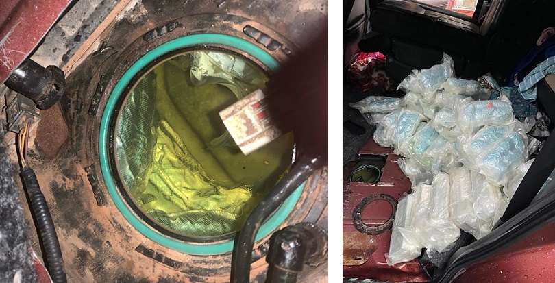 Tanque de gasolina abierto ubicado en el piso trasero del vehículo donde se decomisaron unas 300.000 píldoras &quot;falsas&quot; de oxicodona, un analgésico opioide, que contenían fentanilo. EFE