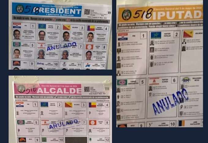 Jurados de mesa del partido Realizando Metas denuncian que en San Miguelito están colocando en las paredes de un colegio estas papeletas donde indican como anulado los partidos del candidato José Raúl Mulino.