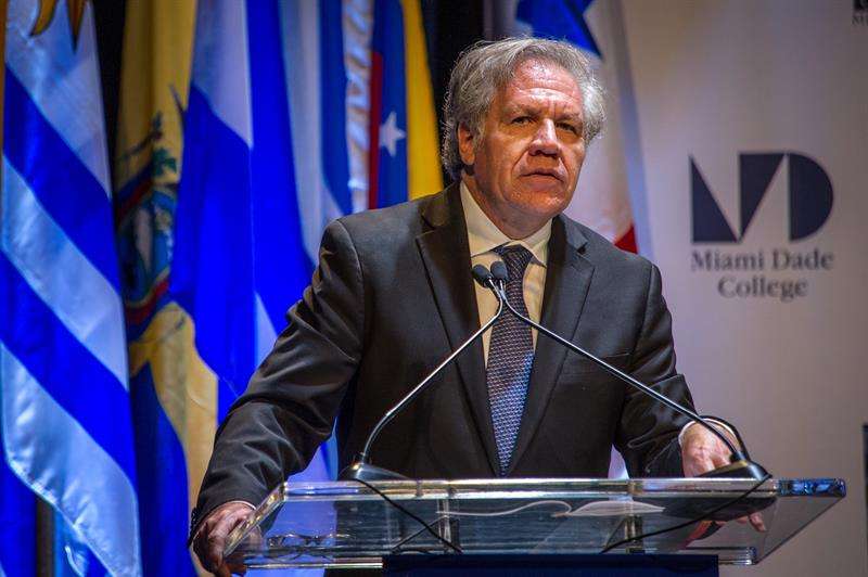 El secretario general de la Organización de Estados Americanos (OEA), Luis Almagro, habla durante su participación en el foro &quot;¿Están las democracias latinoamericanas secuestradas por el crimen organizado?&quot;. EFE
