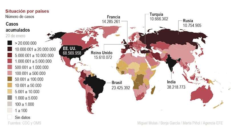 Mapa de la situación de la pandemia en el mundo. EFE: Infografía